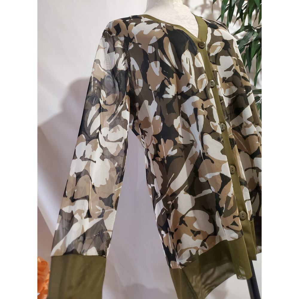 Chicos Floral Camo Mesh Button Cardigan Size 2 US L Olive Green Layer Topper - Picture 5 of 10